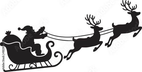 Santa Claus is flying in sleigh with Christmas reindeer. Silhouette of Santa Claus, sleigh with Christmas presents and reindeer