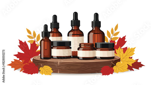 Elegant amber bottles and jars for autumnal beauty and wellness products in a rustic, natural skincare display with falling leaves