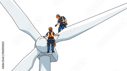 Skilled technicians inspecting wind turbine for renewable energy project, showcasing dedication to sustainable power and environmental responsibility