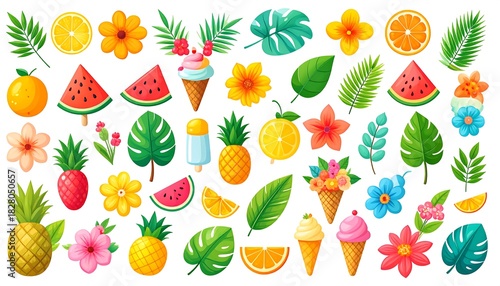 Collection of bright, colorful, cartoon tropical elements fruits, flowers, leaves, and ice cream treats for summer fun