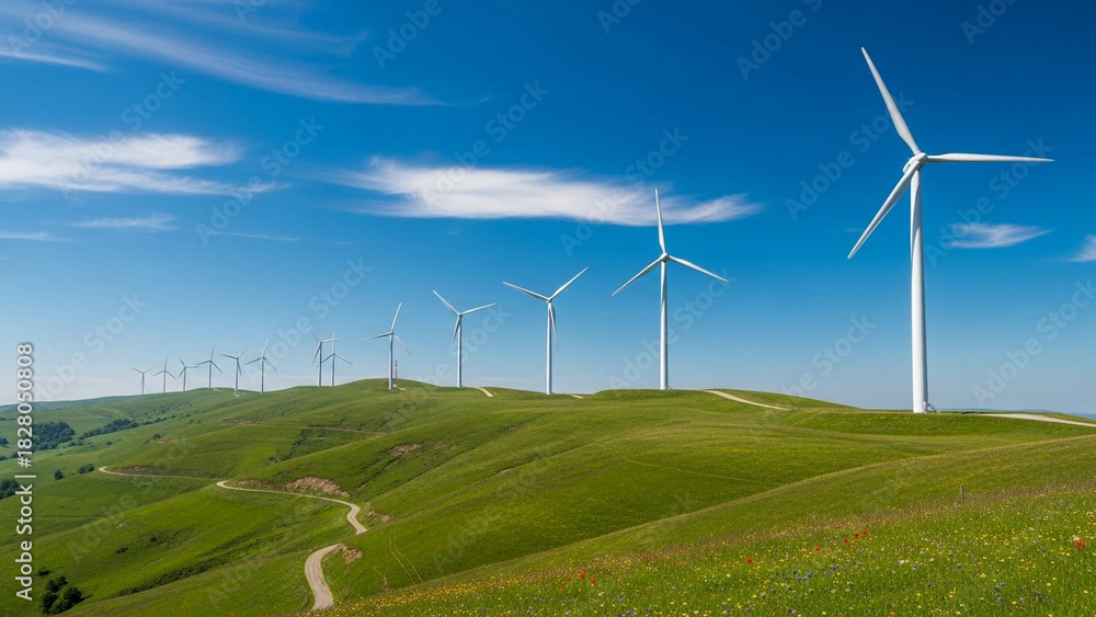 Fototapeta premium Wind turbines on a hill under bright blue sky, renewable energy theme, no people visible.