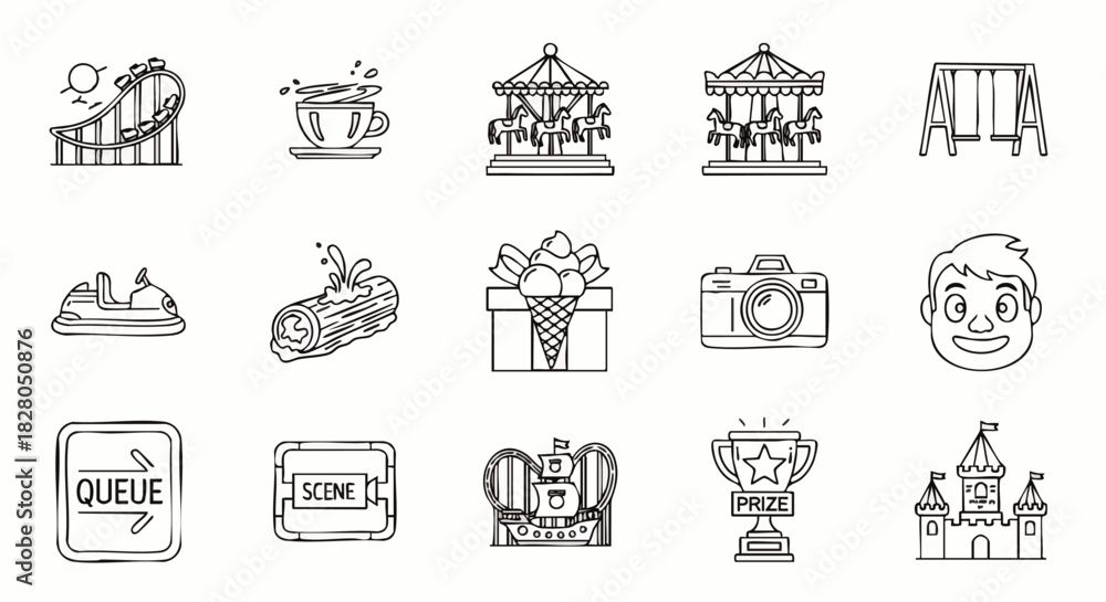 Naklejka premium Explore a charming collection of hand-drawn line art icons showcasing various thrilling rides and attractions found within a vibrant amusement park setting.