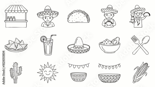 A charming collection of hand-drawn Mexican fiesta elements, including food, drinks, characters, and decorations, perfect for cultural celebrations.