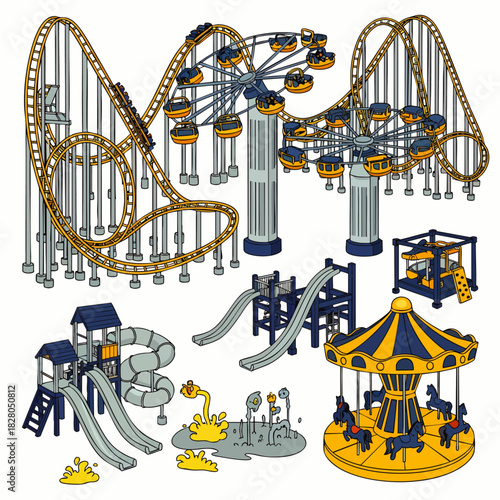 A delightful vector illustration featuring a comprehensive collection of classic amusement park rides and modern playground equipment, ideal for family fun.