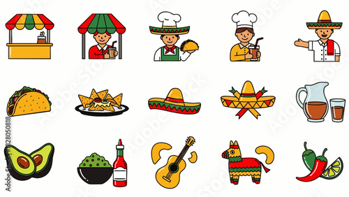 A vibrant collection of colorful Mexican culture and cuisine icons, featuring traditional food, festive elements, and cheerful characters perfect for diverse design projects.