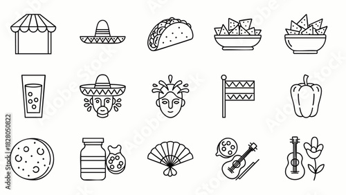 This diverse assortment of minimalist line art icons perfectly illustrates various aspects of vibrant Mexican culture, delicious cuisine, and festive traditions.