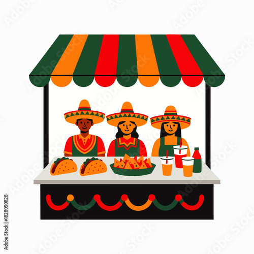 Three cheerful vendors in traditional sombreros proudly serve delicious Mexican street food like tacos and nachos from a vibrant market stall, celebrating cultural cuisine.