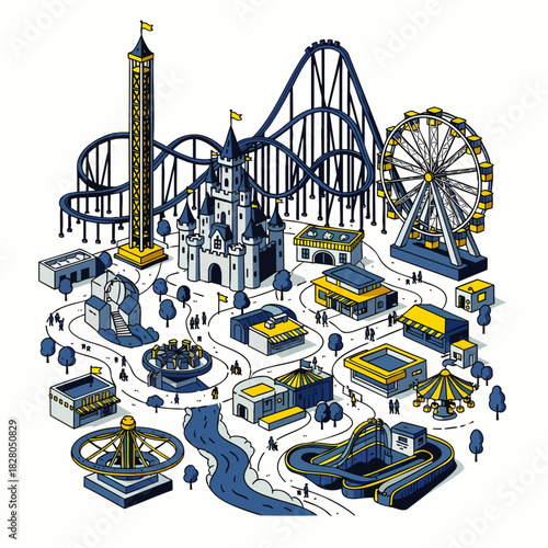 A detailed isometric illustration of a bustling amusement park, featuring thrilling rides, a majestic castle, and diverse attractions for family fun.