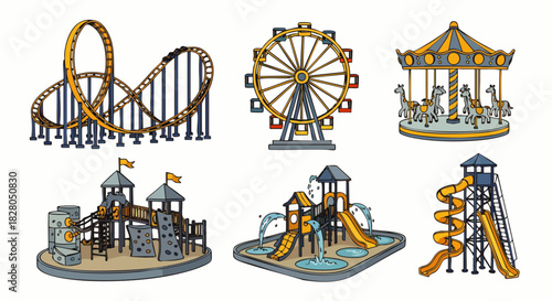 This vibrant illustration features diverse amusement park rides and playground equipment, including roller coasters, Ferris wheels, and water slides, for family fun.
