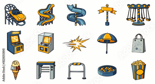 This vibrant vector illustration presents a diverse collection of amusement park icons, featuring thrilling rides, classic arcade games, and delicious treats, perfect for summer entertainment.