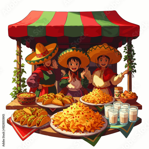 Smiling vendors in traditional sombreros joyfully display an enticing assortment of authentic Mexican cuisine, including tacos and nachos, at a festive outdoor market.