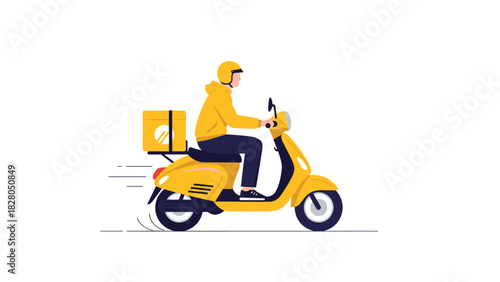 On-demand delivery concept featuring a courier riding a yellow scooter for fast, convenient service, perfect for modern lifestyle campaigns