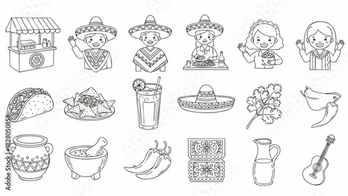 Discover a delightful assortment of iconic Mexican cultural symbols and popular food items, rendered in charming black and white line art.