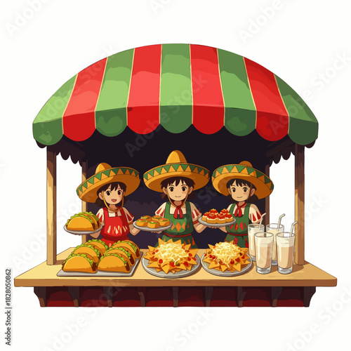 Three cheerful cartoon vendors in sombreros serve a delicious array of traditional Mexican street food, including tacos and nachos, at a vibrant market stall.
