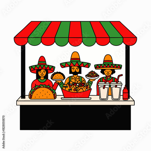 Three cheerful vendors in sombreros serve delicious Mexican street food like tacos and nachos from a vibrant, festive stall with a colorful awning.