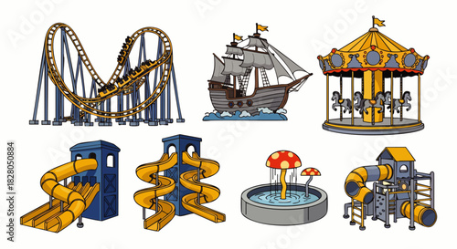 A vibrant collection of classic amusement park rides and modern playground equipment offers endless fun and excitement for children and families.
