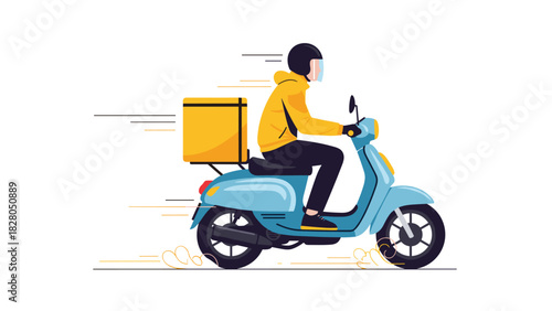Swift delivery person on stylish blue scooter with insulated box, a modern solution for fast urban logistics and food service businesses