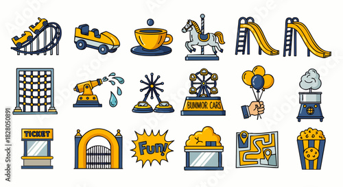 A colorful collection of amusement park and carnival icons, showcasing popular rides, exciting games, and attractions for joyful family leisure and fun.