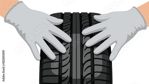 Mechanic in gloves carefully inspecting tire tread for wear and tear, ensuring vehicle safety and reliability on the road ahead