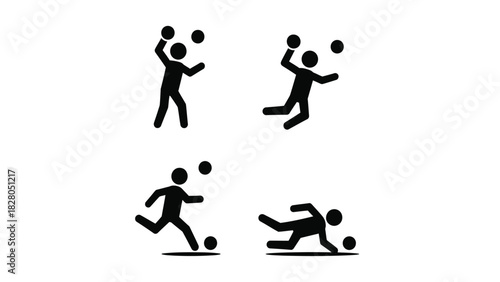 Set of Four Ball Sport Action Icons: Throwing, Jumping, Kicking, and Diving Player Silhouettes