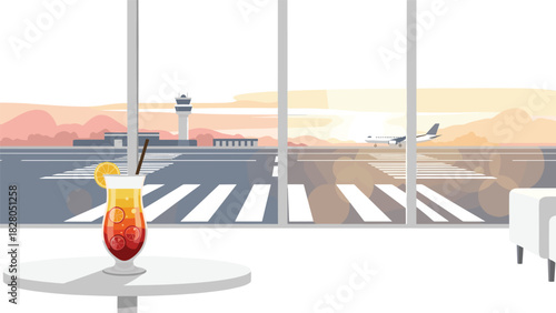 A refreshing tropical cocktail at the airport lounge before takeoff, with a beautiful sunset view on the runway and airplane