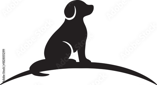 A simple black silhouette of a seated puppy looking to the side
