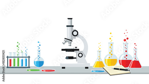 Vibrant laboratory setup with microscope, beakers, and notebook suggesting innovation, research, and progress in science and medicine