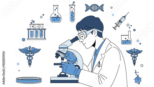 Scientist diligently using microscope for research and development of new medicines and treatments in a modern laboratory setting