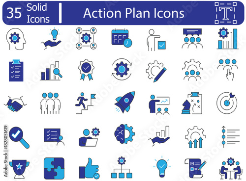 Action Plan Icon collection like Strategy, Tasks, and Goals for Business, Planning, and Strategy. Includes Solid and Thin Line Vector Designs EPS 10