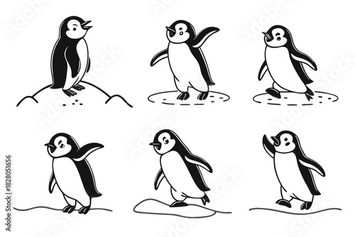 Happy penguin in snowy landscape icon set