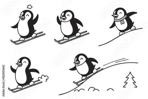 Cute penguin character in snowy landscape icon design