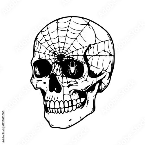 Human skull with spider web and spider inside eye socket, macabre black silhouette tattoo motif, symbolizing decay, entrapment, isolated vector illustration on white.