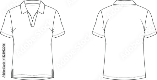 Classic Men's or Women's Short Sleeve Polo Shirt Vector Template with V-Neck Placket, Side Slits, and Technical Flat Sketch.