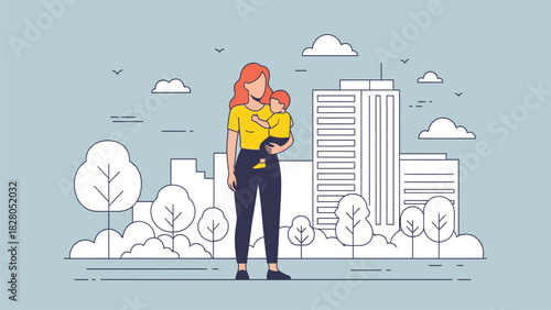 Mother Holding Baby Standing in Urban City Park Vector Illustration