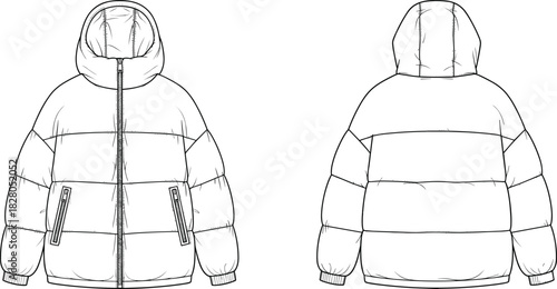 Oversized Puffer Down Jacket Vector Template with Horizontal Quilting, Hood, Zipper Closure, and Technical Fashion Flat Sketch.