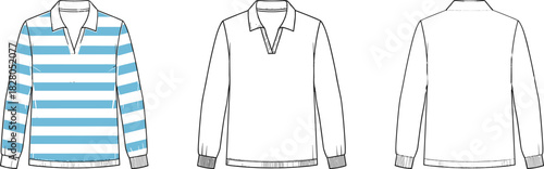 Technical Fashion Flat Sketch of a Long Sleeve Men's or Unisex Rugby Polo Shirt with Ribbed Cuffs, Notched Neckline, and Striped Front Vector