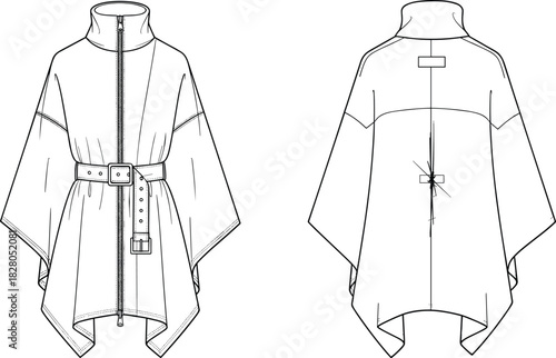 Technical Fashion Flat Sketch of a Women's Belted Poncho Jacket with High Stand Collar, Full Zip Closure, and Asymmetrical Hem Vector
