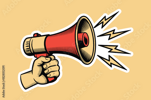 A hand holding a red and beige megaphone with sound waves emanating from it