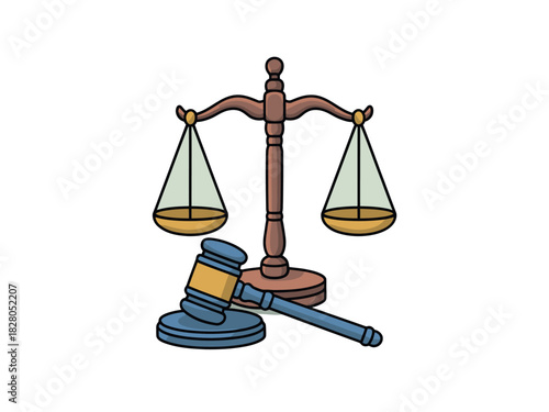 A gavel and scales of justice symbolize the legal system.