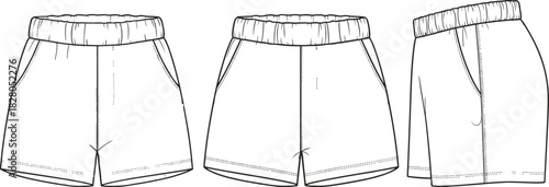 Vector technical sketch fashion illustration of Women's Elastic Waistband Relaxed Fit Knit Shorts with Curved Side Seam Pockets Template Apparel Design Flat.
