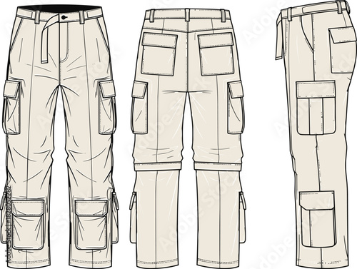 Vector technical sketch of Convertibile Zip-off Cargo Pants with Multiple Flap Pockets and Waist Belt Buckle Detail Template Apparel Design Flat.