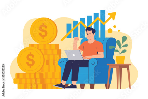 Man on armchair with laptop beside coins and growth chart illustration art