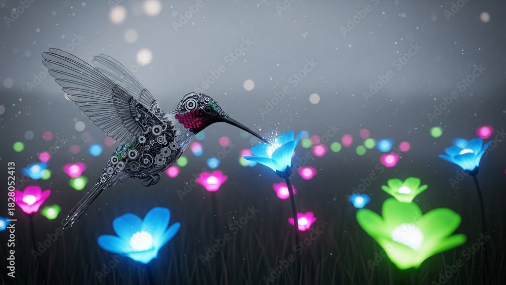 Obraz premium Clockwork bird flight concept with glowing flora, featuring a mix of nature and machine with vibrant blue, pink, and green lights, Great for imagination, eco-futurism, or whimsical design assets