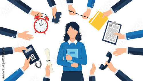 Overworked Businesswoman Suffering From Overwhelming Multitasking and Stress. Demanding Hands Offering Many Tasks and Deadlines