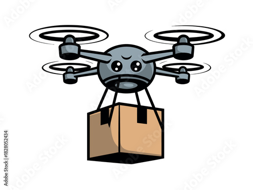 A friendly cartoon drone delivers a package.