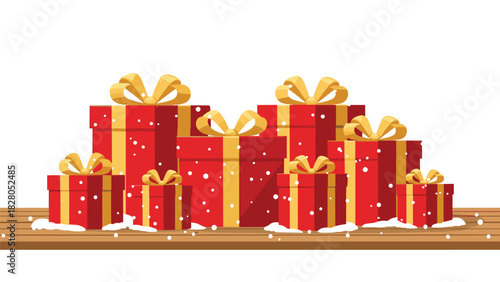 Festive red and gold Christmas presents with snow falling on a wooden shelf display holiday cheer and joyful anticipation for gift giving