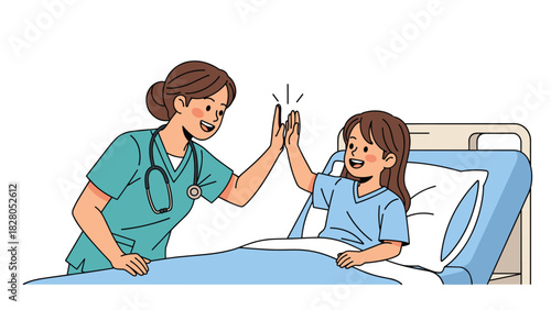 Caring nurse gives joyful high five to young girl patient in hospital bed celebrating recovery and positive health outcomes together