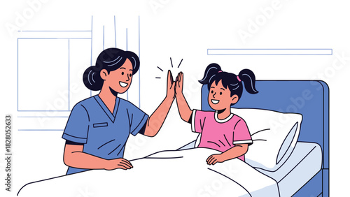 A child and nurse high-fiving in a modern hospital room celebrates recovery and health, conveying hope and positivity for medical campaigns