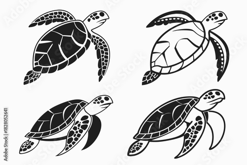 Minimalist green sea turtle icon set with vibrant colors