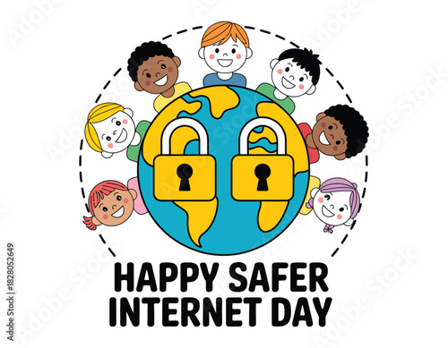 Cartoon illustration of happy safer internet day with children and globe locks